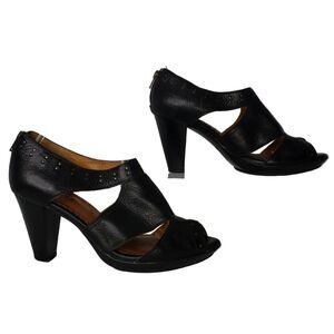 Indigo By Clarks Black Leather Open Toe Heels Womens Size 8.5